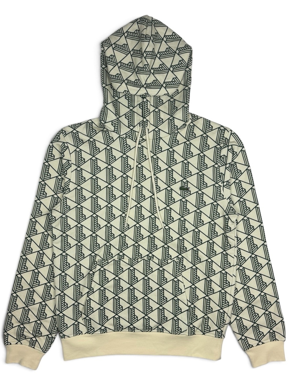 NWOT Lacoste Monogram Fleece Hoodie Geometric L All Over Print Green Cream S